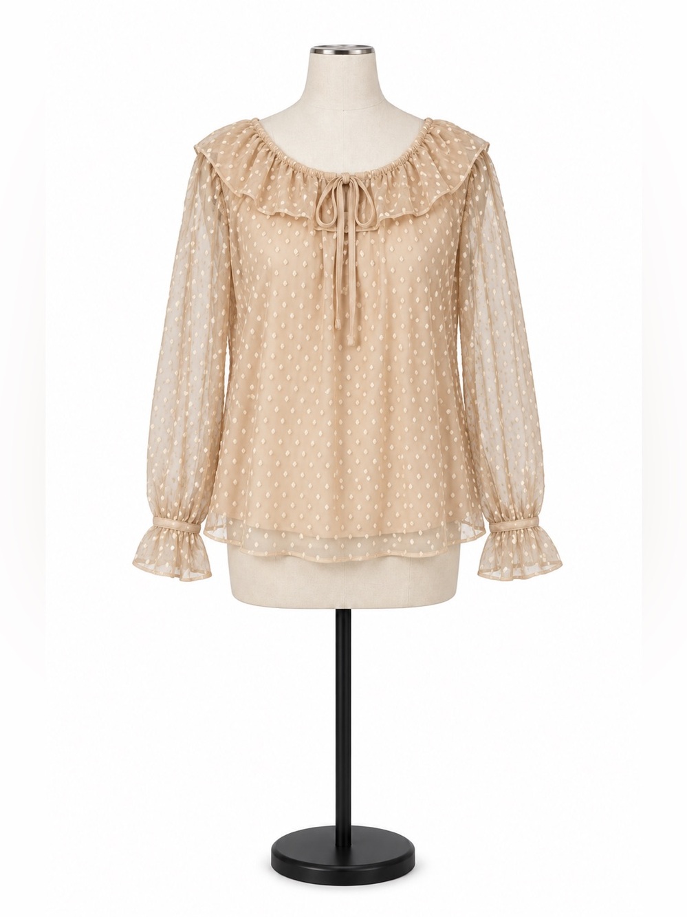 J.Crew NWT XL Beige Swiss Dot Ruffle Tie-Neck Sheer Sleeve Blouse